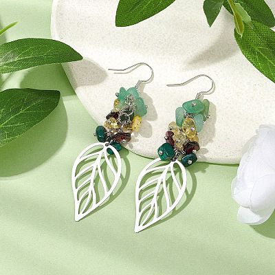Leaf 201 Stainless Steel Natural Citrine & Natural Green Aventurine & Natural Malachite & Natural Garnet Chip Dangle Earrings EJEW-JE06138-02-1