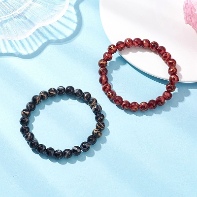 2Pcs Round Baking Paint Drawbench Style Glass Beaded Stretch Bracelet Sets BJEW-JB12652-1