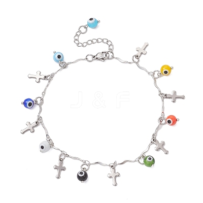 Handmade Evil Eye Lampwork & 304 Stainless Steel Cross Tassel Bar Link Chain Anklets for Women AJEW-AN00741-01-1