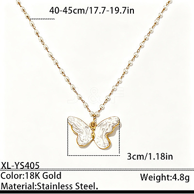 304 Stainless Steel Enamel White Pendant Imitation Pearl Beaded Chain Necklaces for Women WG574ED-02-1