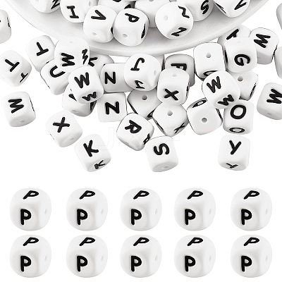 20Pcs White Cube Letter Silicone Beads 12x12x12mm Square Dice Alphabet Beads with 2mm Hole Spacer Loose Letter Beads for Bracelet Necklace Jewelry Making JX432P-1