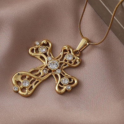 Vintage 304 Stainless Steel with Clear Glass Hollow Cross Pendant Necklaces for Women MR8108-1