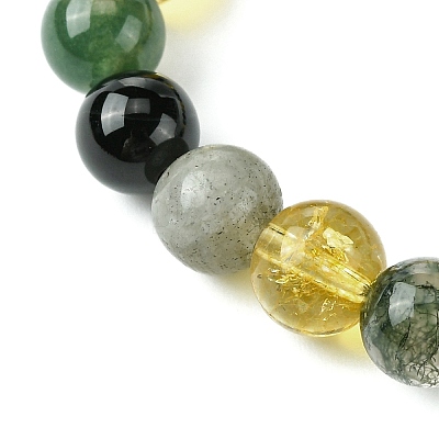 Natural Labradorite & Citrine & Black Onyx(Dyed & Heated) & Moss Agate Round Beaded Stretch Bracelets BJEW-JB10910-06-1