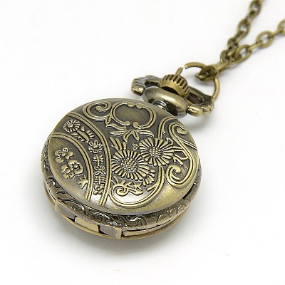 Alloy Flat Round with Flower  Pendant Necklace Quartz Pocket Watch WACH-N011-47-1