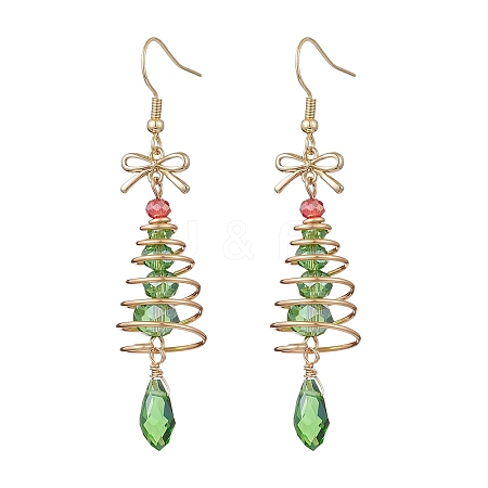 Christmas Tree with Bowknot Brass Wired Glass Dangle Earrings EJEW-JE06125-1