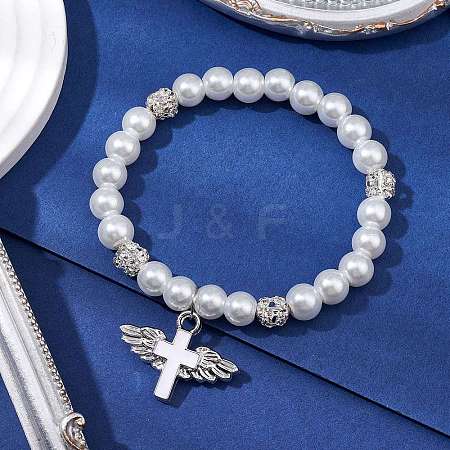 Brass and Glass Pearl Beads Stretch Bracelets for Women BJEW-JB11381-01-1