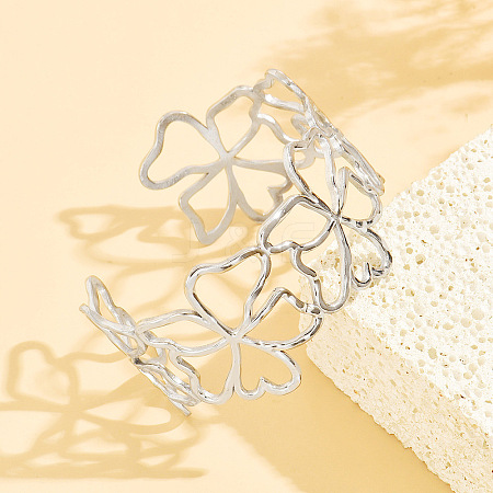 304 Stainless Steel Hollow Flower Outline Open Cuff Bangles for Women SA-CBABC9E-02P-1