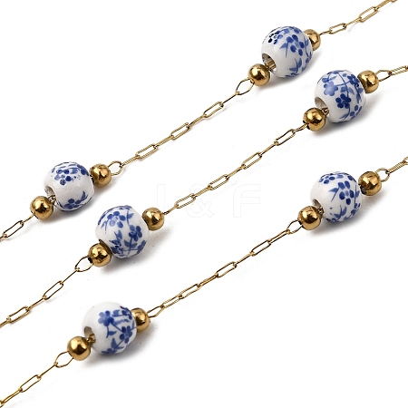 Handmade 304 Stainless Steel Porcelain Beaded Round with Flower Pattern Link Chains CHS-L032-15G-01-1