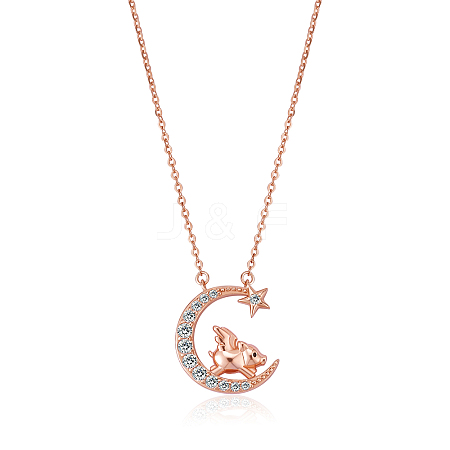 Chinese Zodiac Necklace Pig Necklace 925 Sterling Silver Rose Gold Piggy on the Moon Pendant Charm Necklace Zircon Moon and Star Necklace Cute Animal Jewelry Gifts for Women JN1090L-1