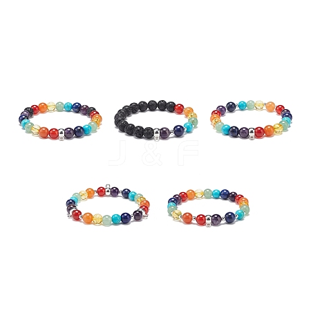 5Pcs 5 Style Natural & Synthetic Mixed Gemstone Round Beaded Stretch Bracelets Set with Alloy Tube Bails BJEW-JB08920-1
