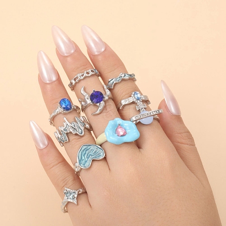 10Pcs Alloy Rhinestone Cuff Rings PW-WG9C575-01-1