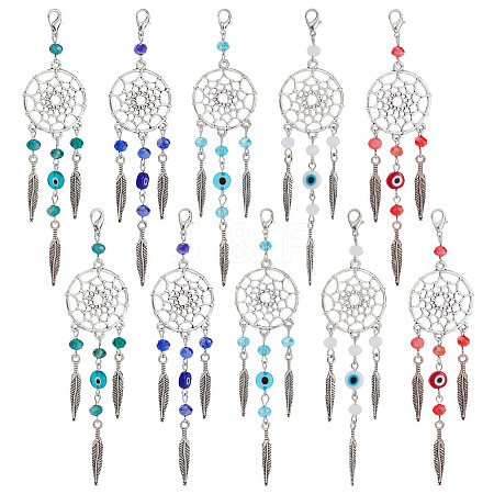  20Pcs 5 Style Woven Net/Web with Feather Tibetan Style Alloy Pendant Decorations HJEW-NB0001-80-1