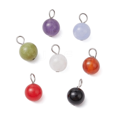 7Pcs 7 Colors Natural Aquamarine & Black Onyx & Amethyst & Malaysia Jade & Taiwan Jade & White Jade & Carnelian Round Pendants PALLOY-JF03193-1