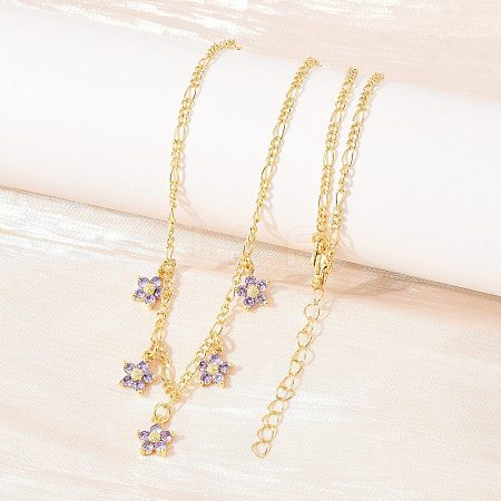 Brass Pave Lilac Cubic Zirconia Flower Pendant Figaro Chain Bib Necklaces for Women NJEW-F364-01G-1