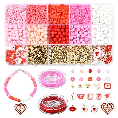 Valentine's Day DIY Polymer Clay Beads & Alloy Enamel Charm Stretch Bracelets Making Kits DIY-YW0012-66-1