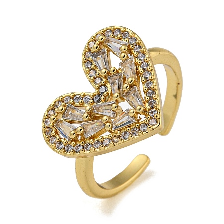 Heart Brass Micro Pave Clear Cubic Zirconia Open Cuff Rings for Women RJEW-Z050-17G-1