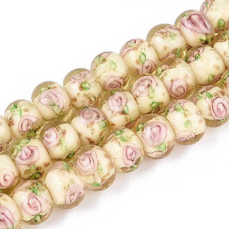 Handmade Lampwork Inner Flower Rondelle Beads Strands LAMP-T022-24I-1