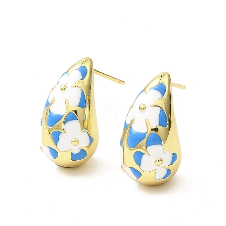 Teardrop with Flower Real 18K Gold Plated Brass Enamel Stud Earrings EJEW-L270-013G-02-1