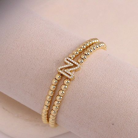 Brass Micro Pave Clear Cubic Zirconia Beads Double Strands Stretch Bracelets for Women FS-WGC7159-14-1