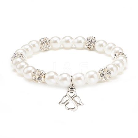 ABS Plastic Imitation Pearl  & Rhinestone Beaded Stretch Bracelet with Alloy Charm for Women BJEW-JB08526-03-1