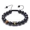 10MM Natural Black Onyx(Dyed & Heated) and Tiger Eye Alphabet Round Braided Bead Adjustable Bracelets for Women DM6424-11-1
