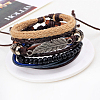 Adjustable Leaf Alloy Braided Leather Cord Wooden Beaded Multi-strand Bracelets BJEW-P0001-20-3