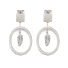 Tarnish Resistant Oval with Leaf 304 Stainless Steel Dangle Earrings EJEW-L283-108P-1