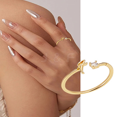 1Pc Letter Brass Rhinestone Open Cuff Rings for Women AJEW-LP0004-47F-G-1