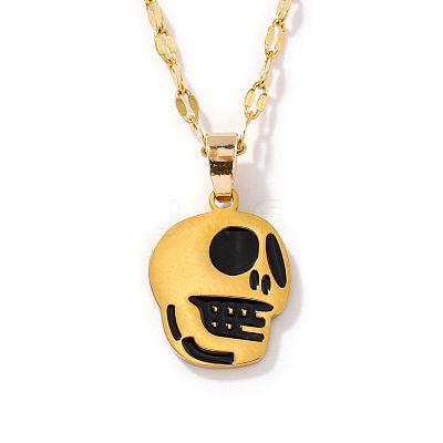 Stylish Halloween Skull 304 Stainless Steel Black Enamel Pendant Dapped Chain Necklaces IJ5988-1