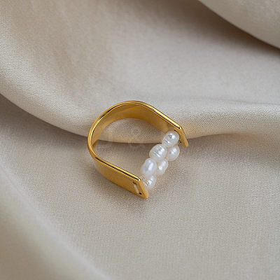 Irregular 304 Stainless Steel with Natural Freshwater Pearl Finger Rings for Women WZ4968-1