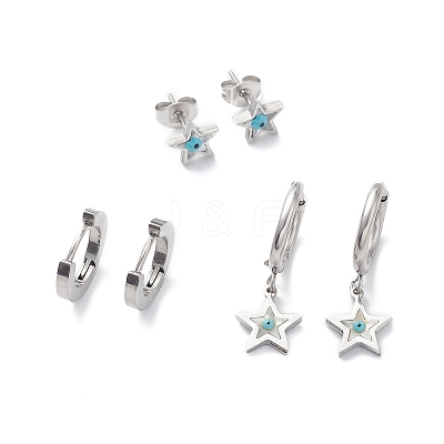 3 Pairs 3 Style Synthetic Shell Star with Enamel Evil Eye Dangle Hoop Earrings EJEW-B020-06P-1