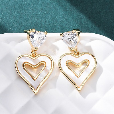 Heart Brass Micro Pave Clear Cubic Zirconia Dangle Stud Earrings KK-D363-12D-G-1