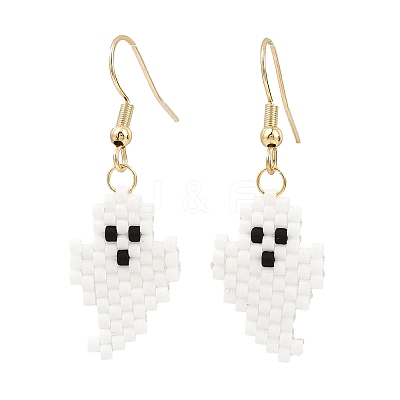 Halloween Theme Ghost Handmade Glass Seed Beaded Dangle Earrings EJEW-MZ00478-1