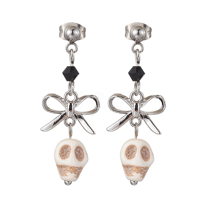 Synthetic Turquoise Skull Stud Earrings EJEW-TA00453-1