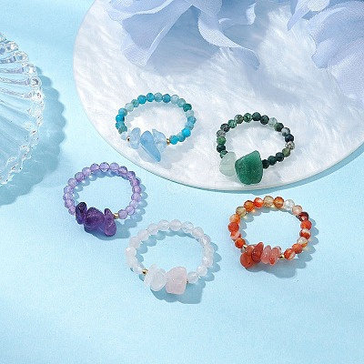 Natural Gemstone Beaded Rings RJEW-TA00191-1