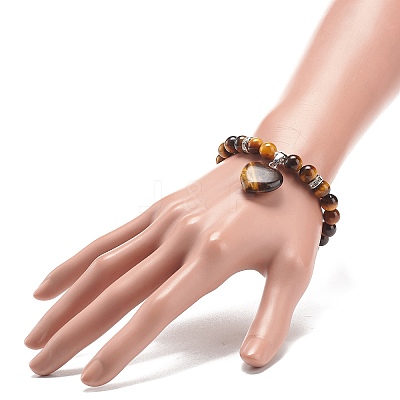 Gemstone Round Beaded Stretch Bracelet with Heart Charm for Women BJEW-JB09019-1