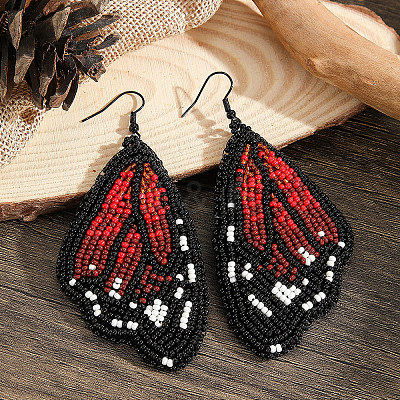Bohemian Style Green Butterfly Wing Glass Bead Handmade Dangle Earrings FV2215-1