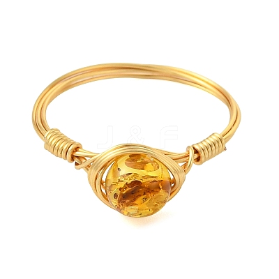 Copper Wired Natural Amber Finger Rings for Women RJEW-JR01052-01-1