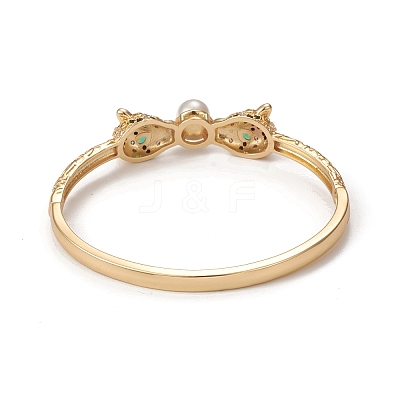 Rack Plating Brass Micro Pave Cubic Zirconia Leopard Bangles with Plastic Bead BJEW-E071-26G-1