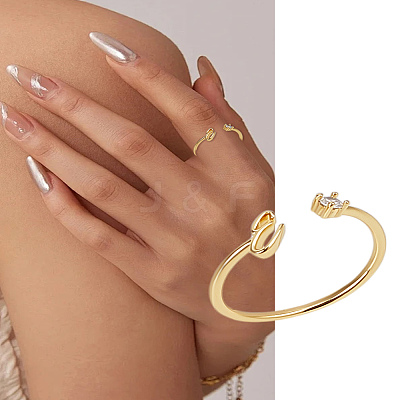 1Pc Letter Brass Rhinestone Open Cuff Rings for Women AJEW-LP0004-47E-G-1