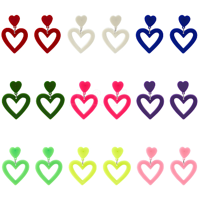 9 Pairs 9 Style Hollow Heart Acrylic Dangle Stud Earrings for Woman EJEW-AN0004-09-1