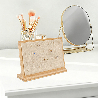 28-Slot Wooden Slant Back Jewelry Ring Organizer Display Stands with Linen Cloth Mat ODIS-WH0043-266-1