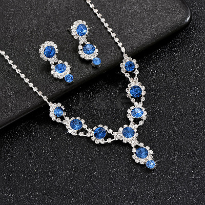 Flower Brass Rhinestone Pendant Necklaces & Stud Dangle Earrings Sets FS-WG6EF02-04-1