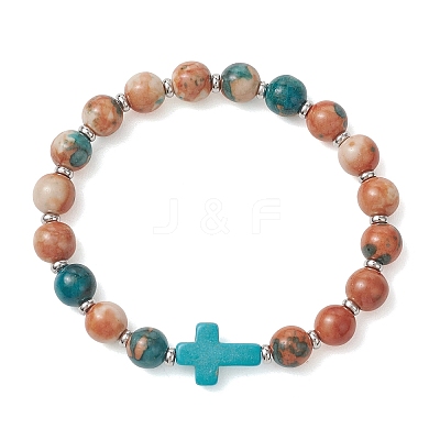 Dyed & Heated Synthetic Fossil & Dyed Turquoise Beads Stretch Bracelets for Women Men BJEW-JB13690-1