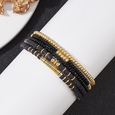 5Pcs 5 Style Polymer Clay Disc & Synthetic Hematite & Seed Beaded Stretch Bracelets Set BJEW-JB09685-02-1