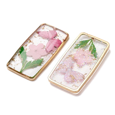 Brass & Transparent Epoxy Resin & Dried Flower Pendants RESI-G133-01G-03-1