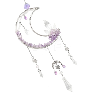 Moon Natural Amethyst & 304 Stainless Steel & Brass Suncatchers HJEW-TA00488-01-1