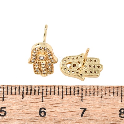 Hamsa Hand Brass Micro Pave Clear Cubic Zirconia Stud Earrings EJEW-H178-07G-1
