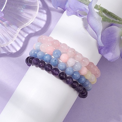 4Pcs Constellation 8mm Round Natural Amethyst & Rose Quartz & White Jade Imitation Aquamarine & White Jade Imitation Morganite Beaded Stretch Bracelets for Women BJEW-JB10633-1