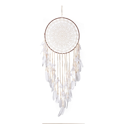 Handmade Round Cotton Woven Net/Web with Feather Wall Hanging Decoration HJEW-G015-02A-1